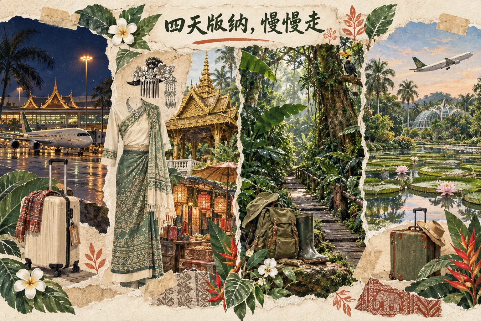 四天版纳行程插画:晚班机抵达、傣装与寺院夜市、雨林徒步、植物园与返程